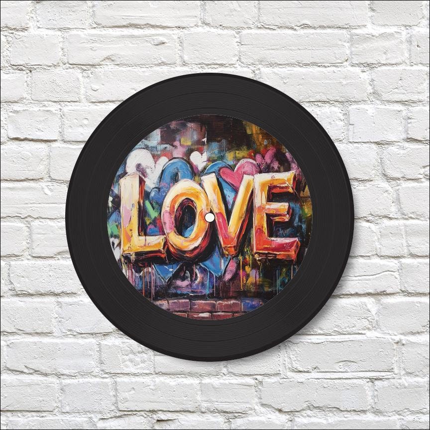 Vinyl Record Art, 12" Real Vinyl Record Printed with Graffiti LOVE, artist, musician, retro wall art, upcycled vinyl record art