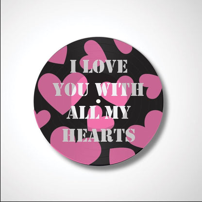 Pink Hearts - Vinyl Record Art, 12" Real Vinyl Record Printed with Pink Heart Design and your optional custom wording, upcycled record art