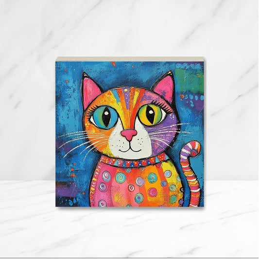 Cat Art, Cat Print on Wood Panel, Wooden Canvas with Whimsical Custom cat design, Fun Cat Art, Cat Lover Gift, Choice of size