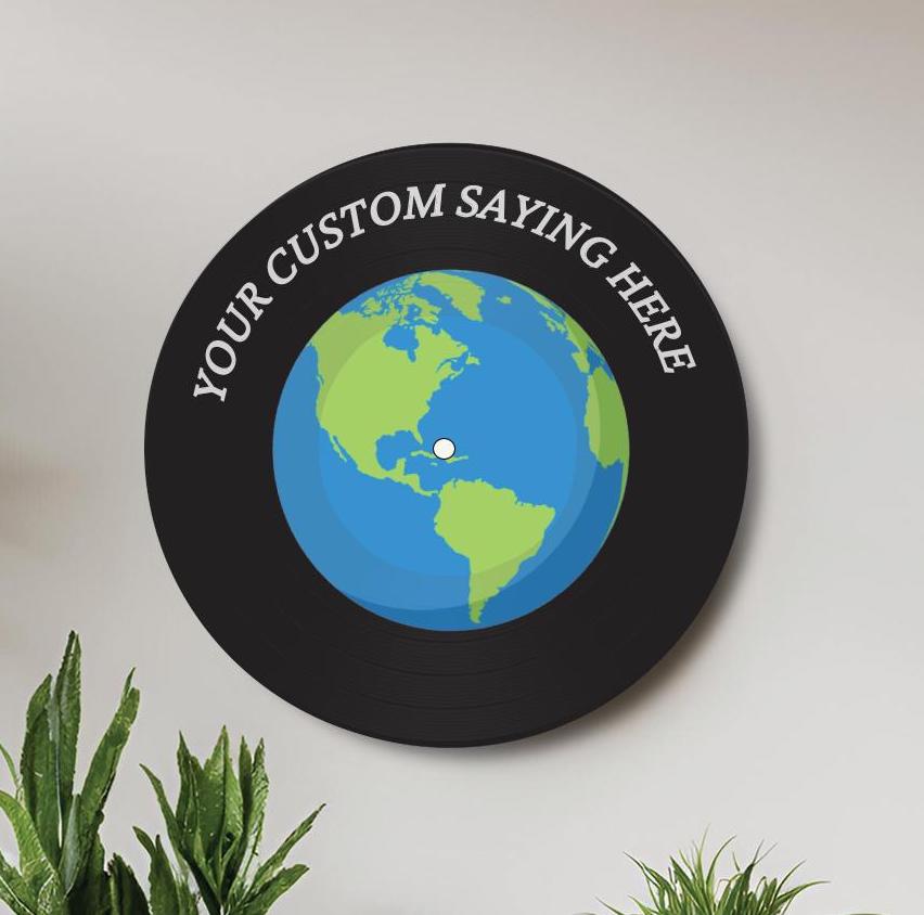 Earth World Vinyl Record Art, 12" Real Vinyl Record Printed with Earth Image and your optional custom message, wall art, upcycled record art