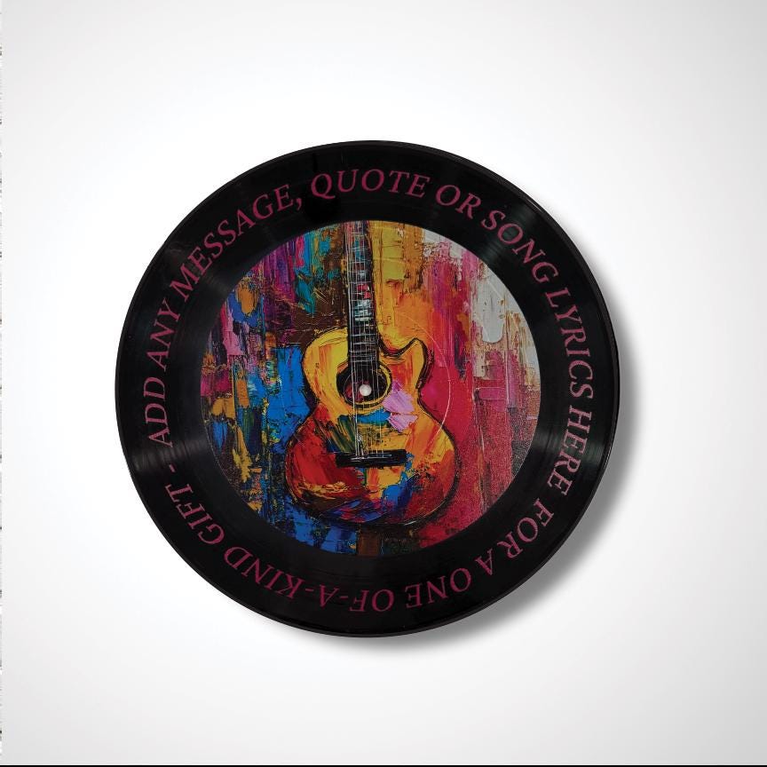 Guitar Vinyl Record Art, 12" Real Vinyl Record Printed with Guitar art and your optional custom message, upcycled vinyl record art