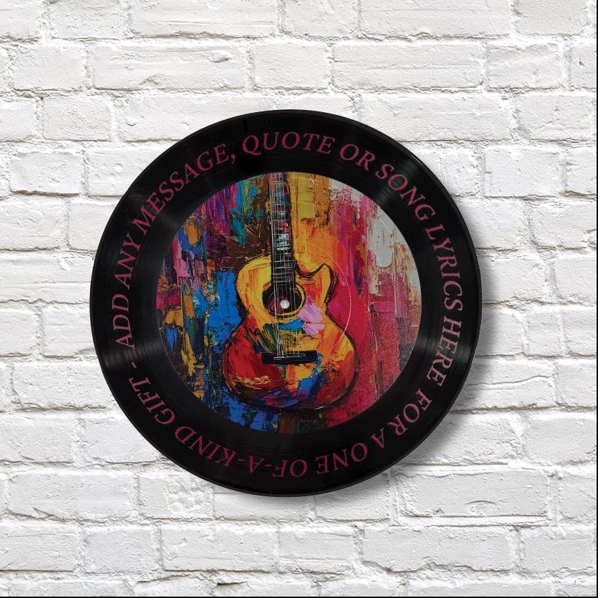 Guitar Vinyl Record Art, 12" Real Vinyl Record Printed with Guitar art and your optional custom message, upcycled vinyl record art