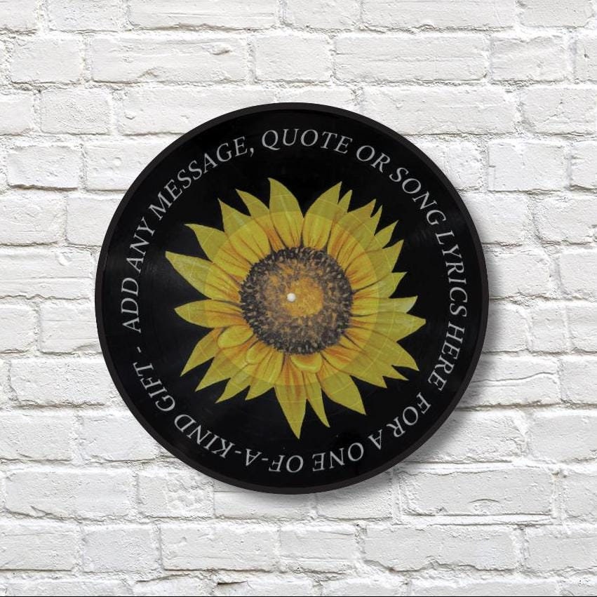 Sunflower Vinyl Record Art, 12" Real Vinyl Record Printed with Sunflower and your custom message, retro wall art, upcycled vinyl record art