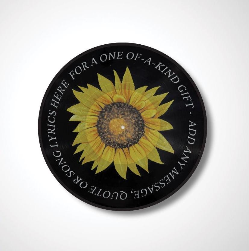 Sunflower Vinyl Record Art, 12" Real Vinyl Record Printed with Sunflower and your custom message, retro wall art, upcycled vinyl record art