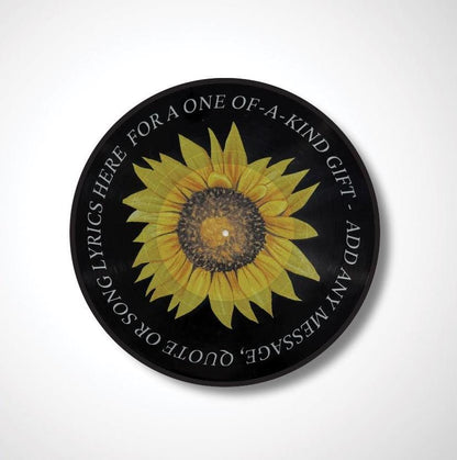 Sunflower Vinyl Record Art, 12" Real Vinyl Record Printed with Sunflower and your custom message, retro wall art, upcycled vinyl record art