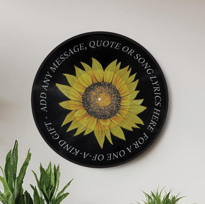 Sunflower Vinyl Record Art, 12" Real Vinyl Record Printed with Sunflower and your custom message, retro wall art, upcycled vinyl record art