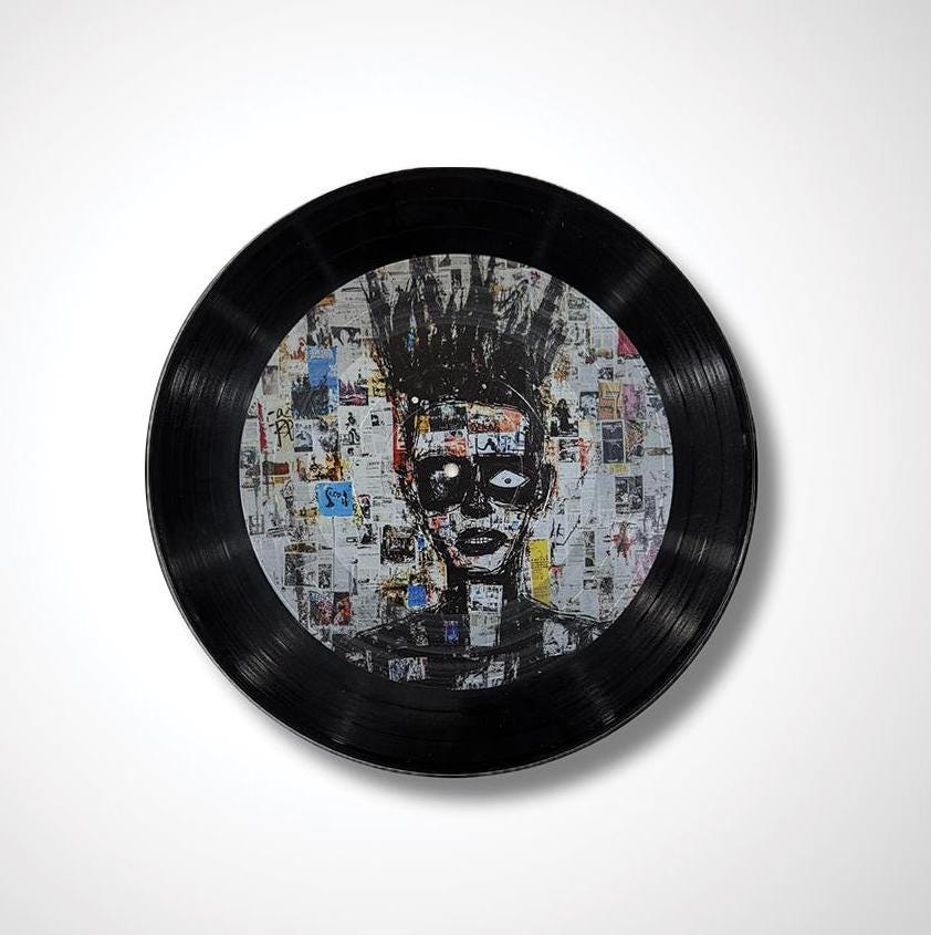 Vinyl Record Art, 12" Vinyl Record Printed with Man on Collage background, Basquiat Inspired art, retro wall art, upcycled vinyl record art