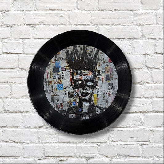 Vinyl Record Art, 12" Vinyl Record Printed with Man on Collage background, Basquiat Inspired art, retro wall art, upcycled vinyl record art
