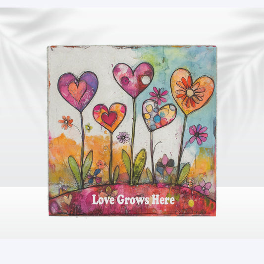 Custom Garden Stone with Personalized Message and heart flowers, 12x12 Steppingstone, House Gift, Garden Decoration, Whimsical Heart Flowers