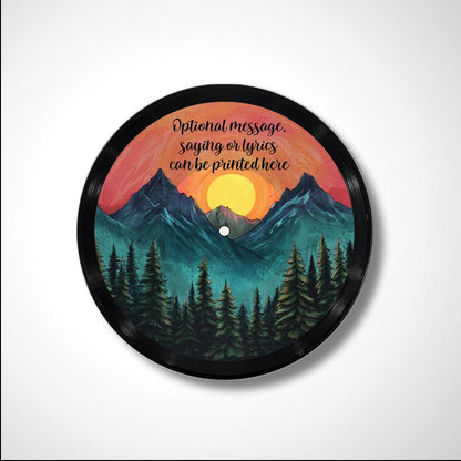 Mountains at Sunset Vinyl Record Art, 12" Real Vinyl Record Printed with Mountain Design and optional custom message, upcycled record art