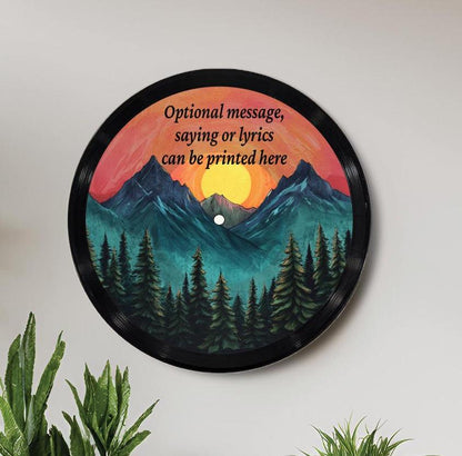 Mountains at Sunset Vinyl Record Art, 12" Real Vinyl Record Printed with Mountain Design and optional custom message, upcycled record art