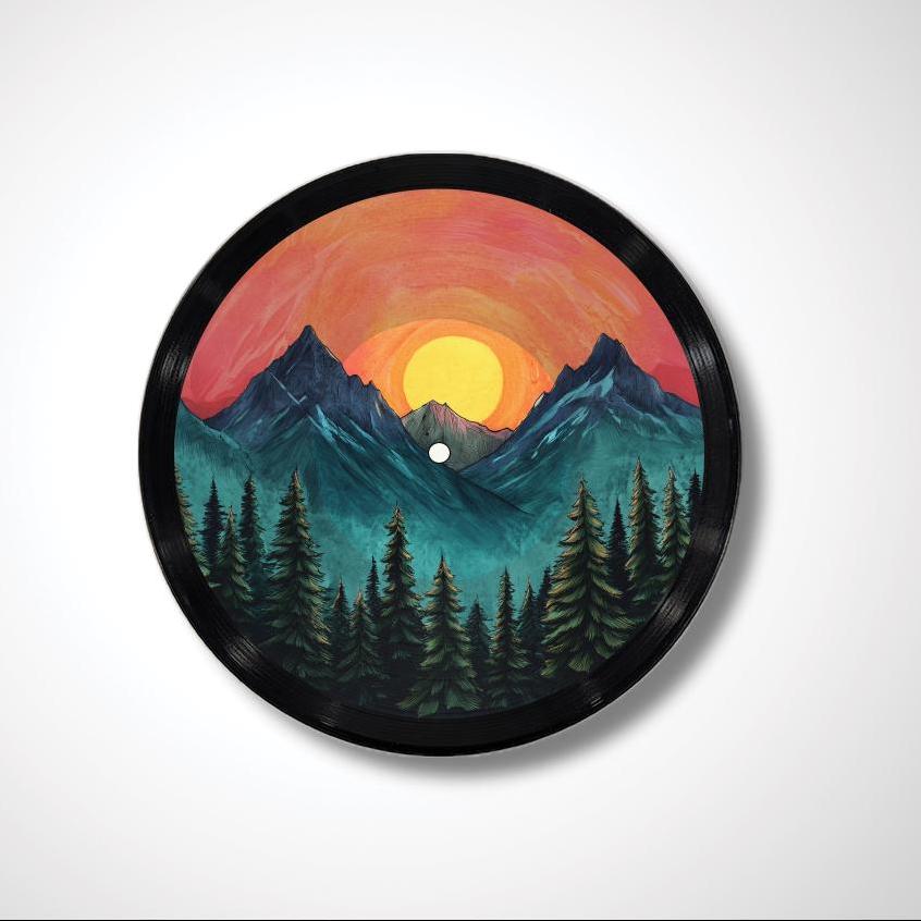 Mountains at Sunset Vinyl Record Art, 12" Real Vinyl Record Printed with Mountain Design and optional custom message, upcycled record art