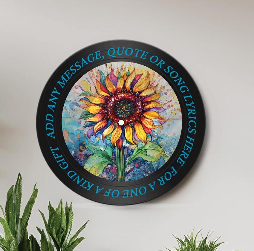 Sunflower 12" Vinyl Record Art, Real Vinyl Record Printed with Colorful Sunflower Image and optional custom message, upcycled record art