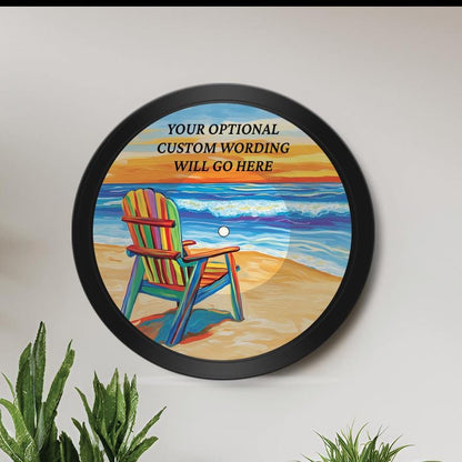 Beach Scene 12" Vinyl Record Art, Real Vinyl Record Printed with Beach Chair and Ocean Image & optional custom message, upcycled record art