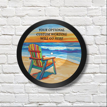 Beach Scene 12" Vinyl Record Art, Real Vinyl Record Printed with Beach Chair and Ocean Image & optional custom message, upcycled record art