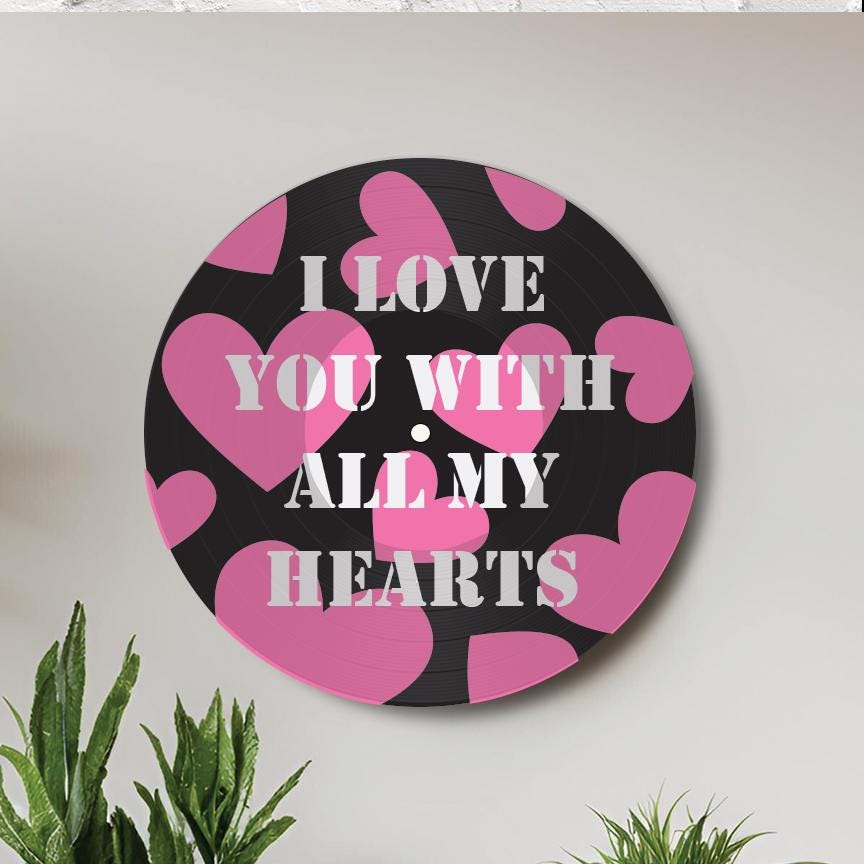 Pink Hearts - Vinyl Record Art, 12" Real Vinyl Record Printed with Pink Heart Design and your optional custom wording, upcycled record art