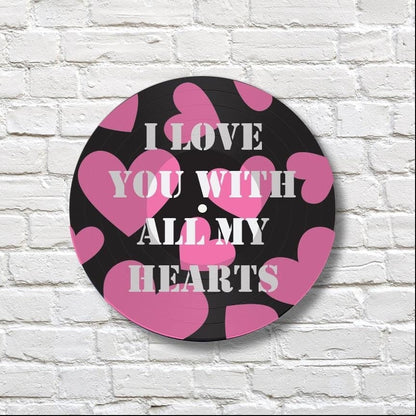 Pink Hearts - Vinyl Record Art, 12" Real Vinyl Record Printed with Pink Heart Design and your optional custom wording, upcycled record art