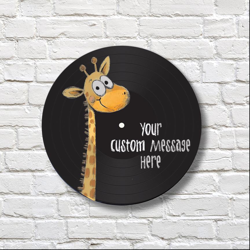 Giraffe Theme 12" Vinyl Record Art, Real Vinyl Record Printed with giraffe and custom message, upcycled record, Cute Giraffe art, kids' art