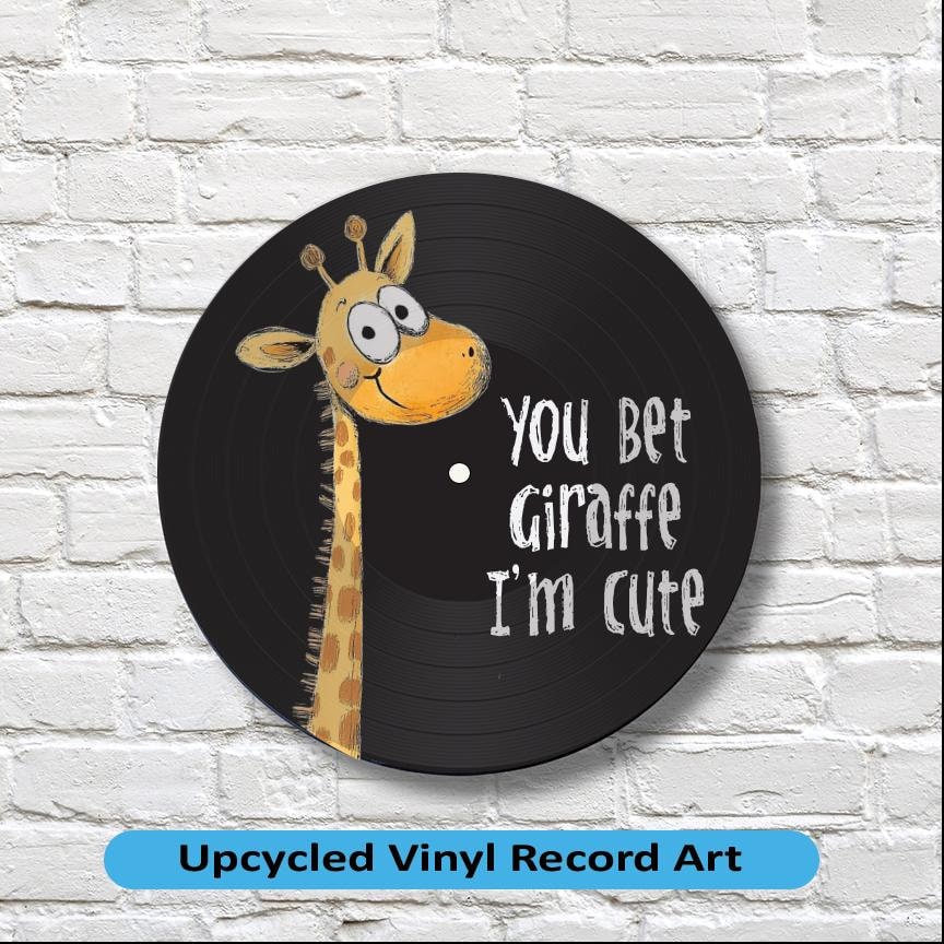 Giraffe Theme 12" Vinyl Record Art, Real Vinyl Record Printed with giraffe and custom message, upcycled record, Cute Giraffe art, kids' art