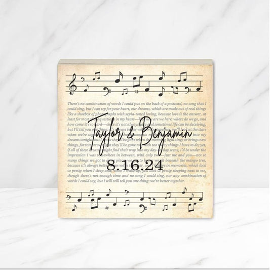 Personalized Wedding Gift, Wood Panel with wedding song lyrics, Name of bride, groom and wedding date. Custom Wedding Gift, Special Keepsake