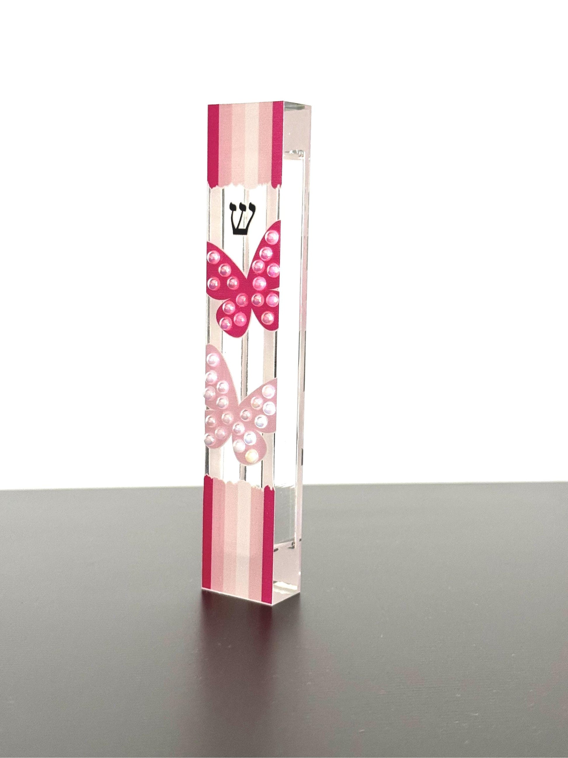Mezuzah - Butterfly Mezuzah - Embellished Acrylic Mezuzah with faux pearls - Judaica Gift - New Baby Girl Gift - Pink Mezuzah