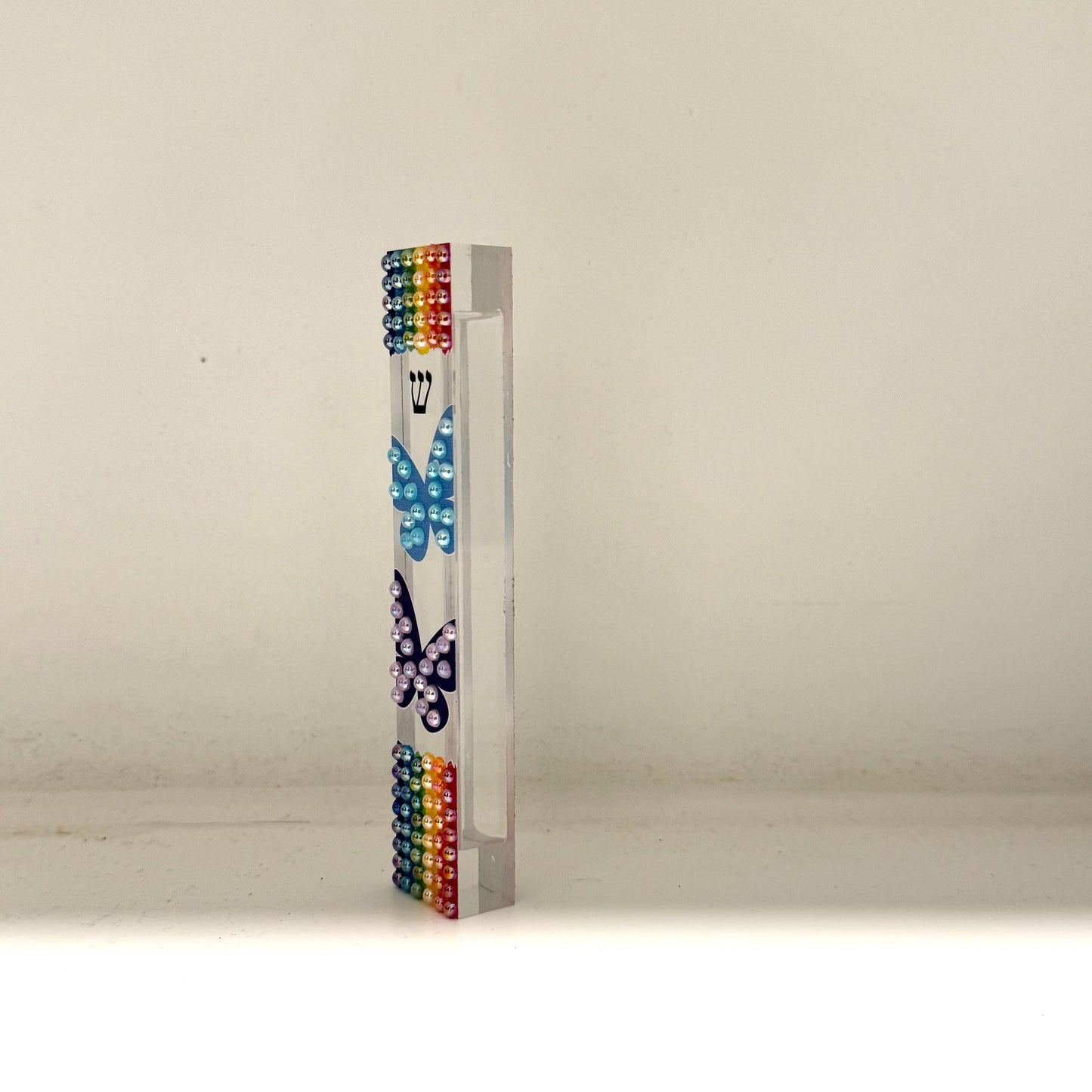 Mezuzah - Rainbow and Butterfly Mezuzah - Embellished Acrylic Mezuzah with colored pearls - Judaica Gift - Beaded Mezuzah