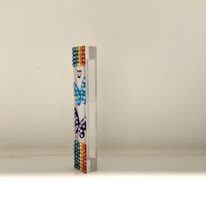 Mezuzah - Rainbow and Butterfly Mezuzah - Embellished Acrylic Mezuzah with colored pearls - Judaica Gift - Beaded Mezuzah