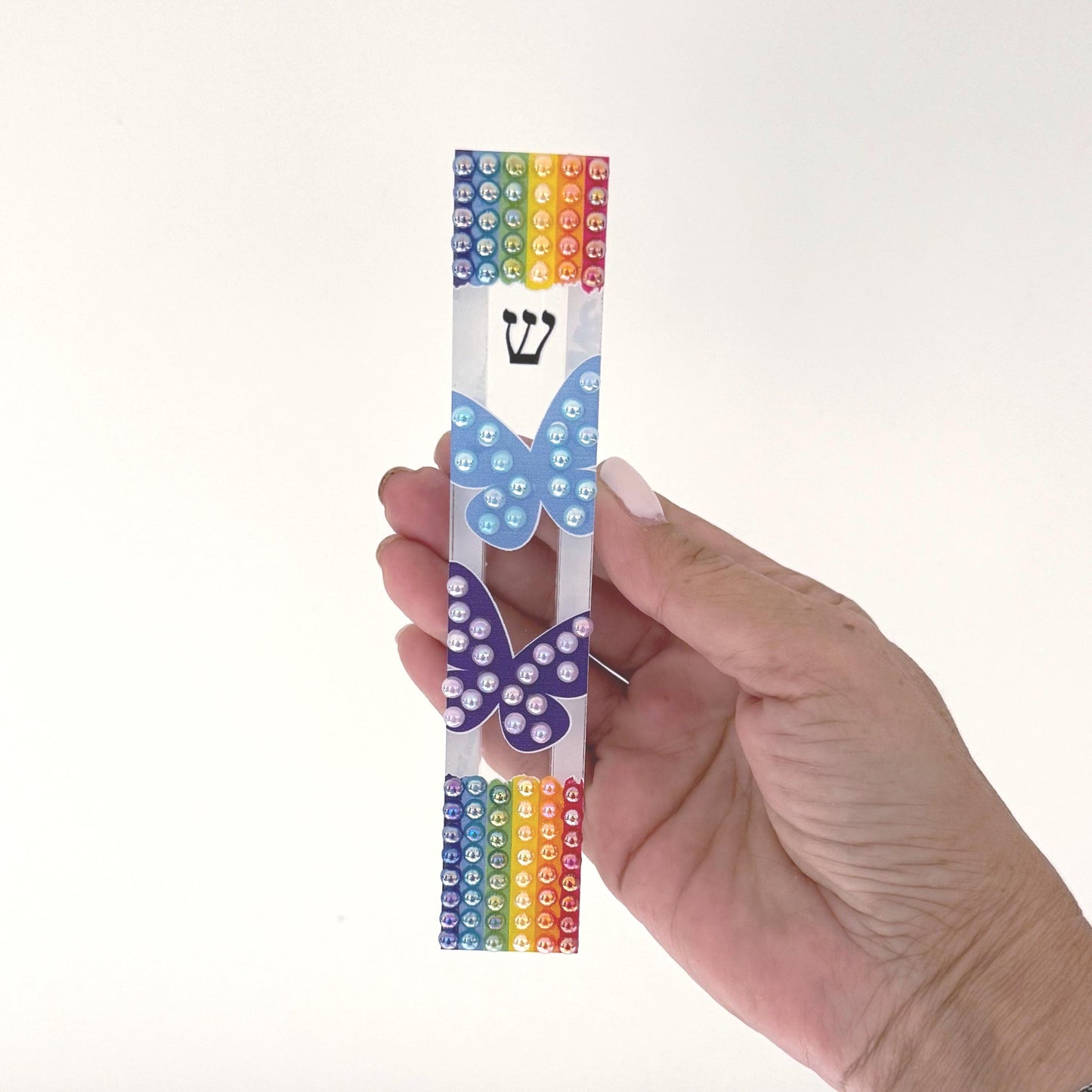 Mezuzah - Rainbow and Butterfly Mezuzah - Embellished Acrylic Mezuzah with colored pearls - Judaica Gift - Beaded Mezuzah