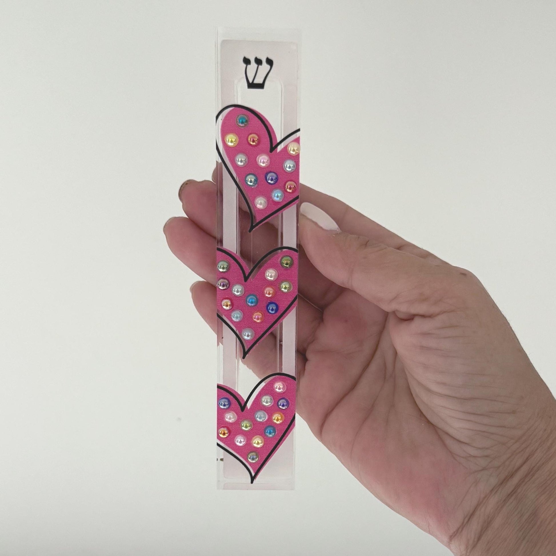 Mezuzah - Pink Hearts Mezuzah - Embellished Acrylic Mezuzah with colored pearls - Judaica Gift - Beaded Mezuzah - Girl Room Mezuzah
