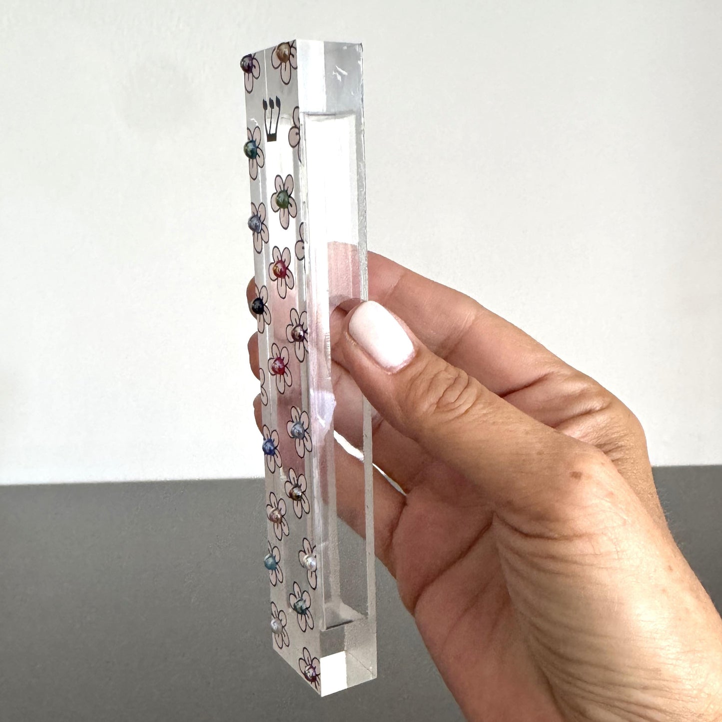 Mezuzah - Flower Mezuzah - Embellished Acrylic Mezuzah with light pink flower and colored pearls - Floral Judaica Gift - New Baby Gift