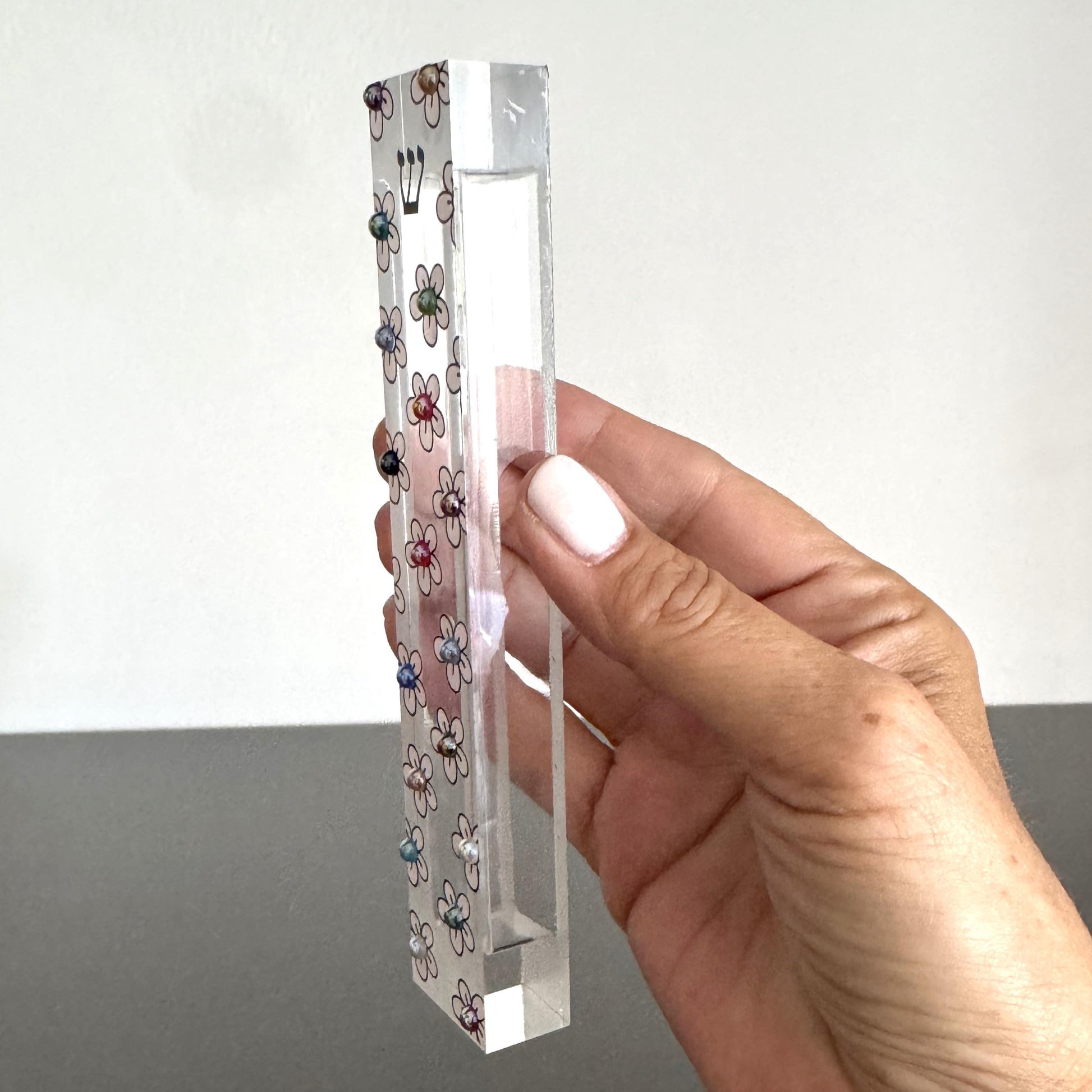 Mezuzah - Flower Mezuzah - Embellished Acrylic Mezuzah with light pink flower and colored pearls - Floral Judaica Gift - New Baby Gift
