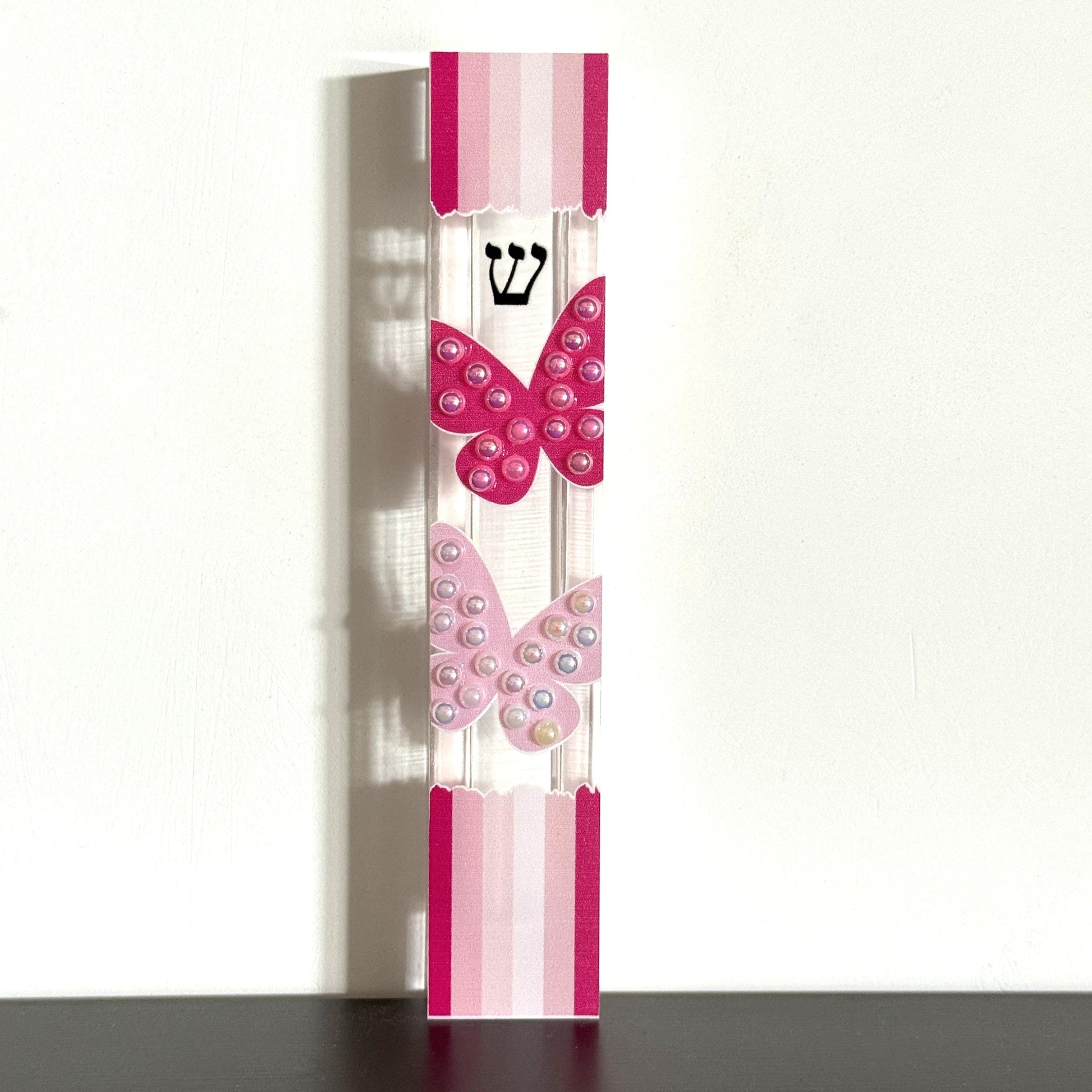 Mezuzah - Butterfly Mezuzah - Embellished Acrylic Mezuzah with faux pearls - Judaica Gift - New Baby Girl Gift - Pink Mezuzah