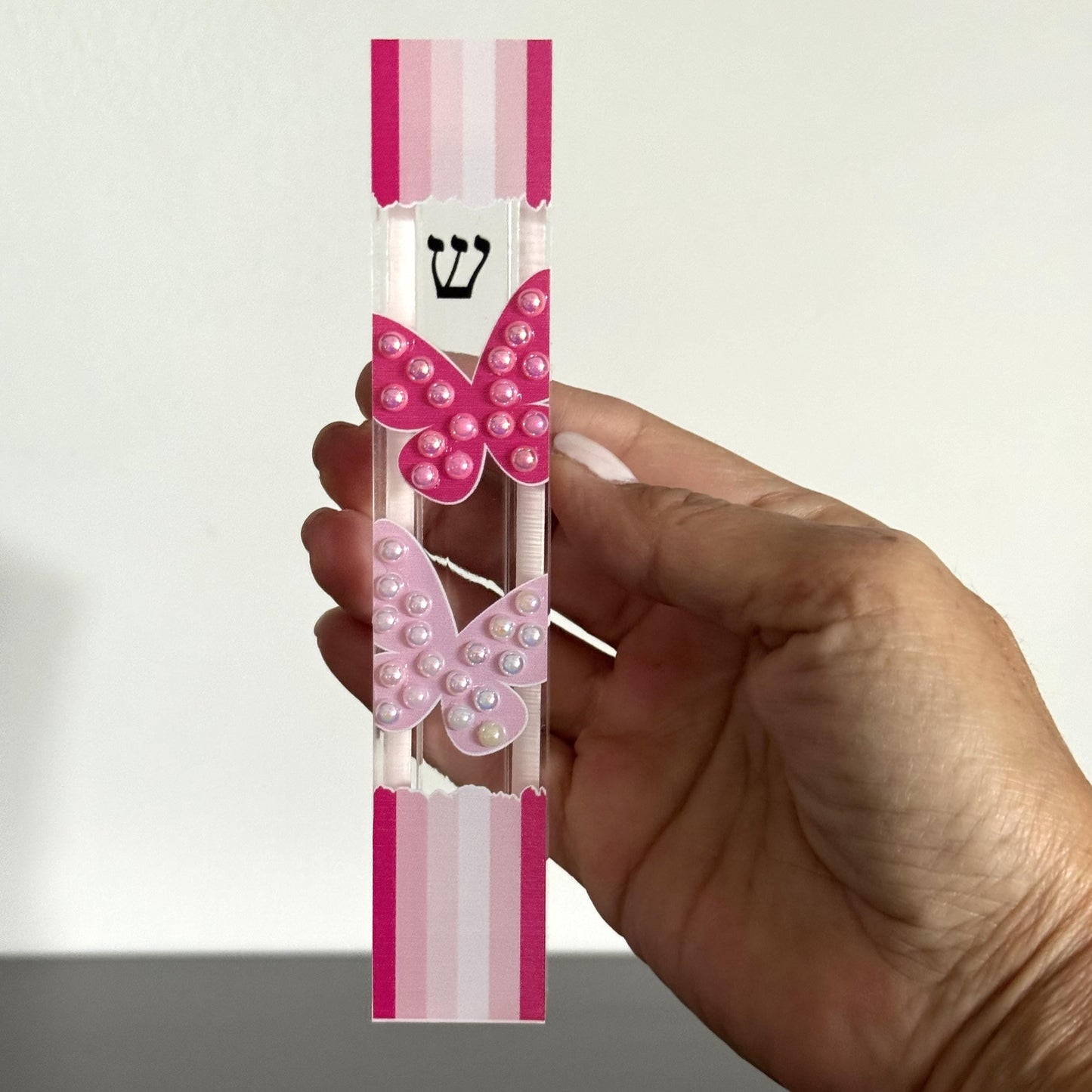 Mezuzah - Butterfly Mezuzah - Embellished Acrylic Mezuzah with faux pearls - Judaica Gift - New Baby Girl Gift - Pink Mezuzah