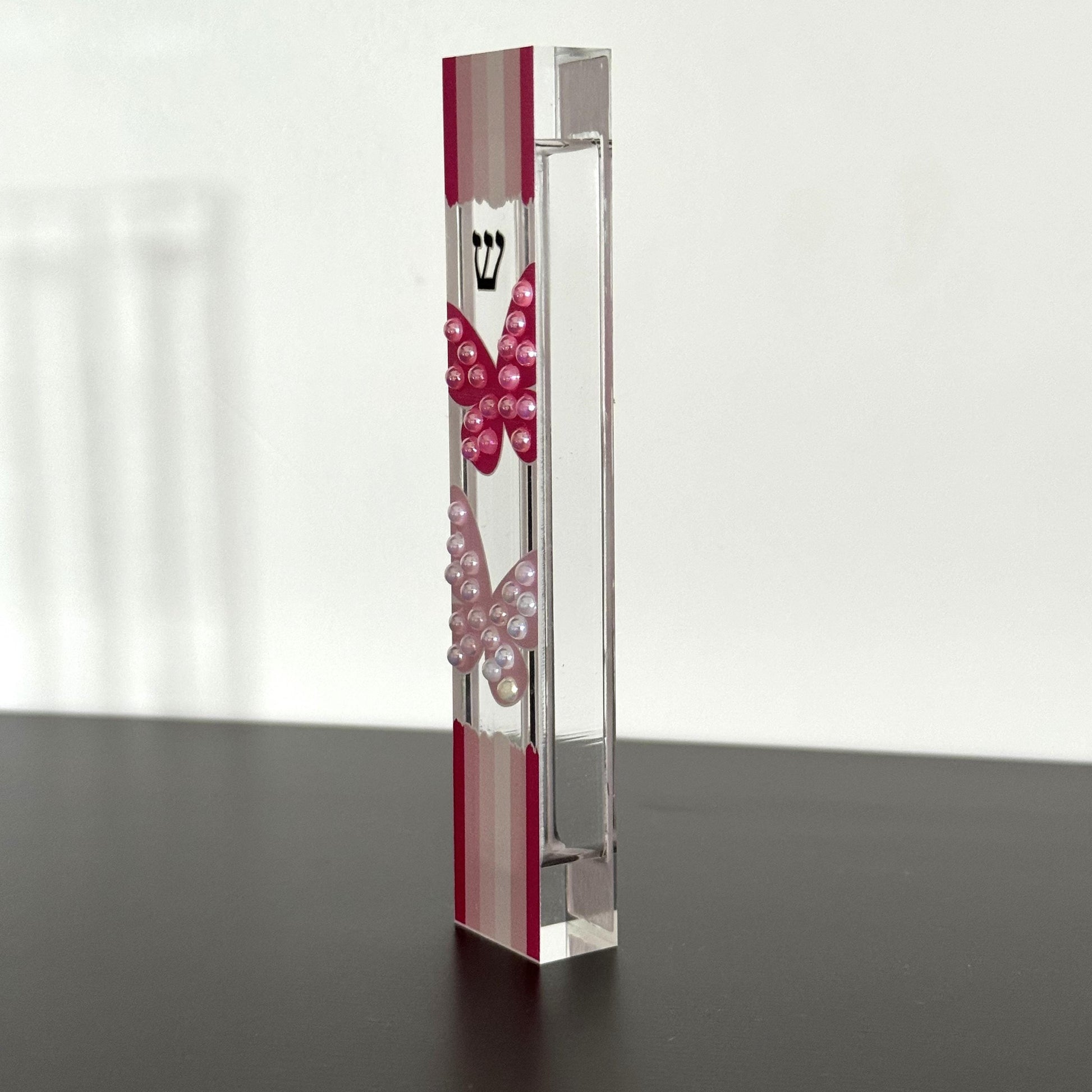 Mezuzah - Butterfly Mezuzah - Embellished Acrylic Mezuzah with faux pearls - Judaica Gift - New Baby Girl Gift - Pink Mezuzah