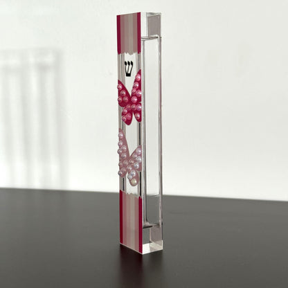 Mezuzah - Butterfly Mezuzah - Embellished Acrylic Mezuzah with faux pearls - Judaica Gift - New Baby Girl Gift - Pink Mezuzah
