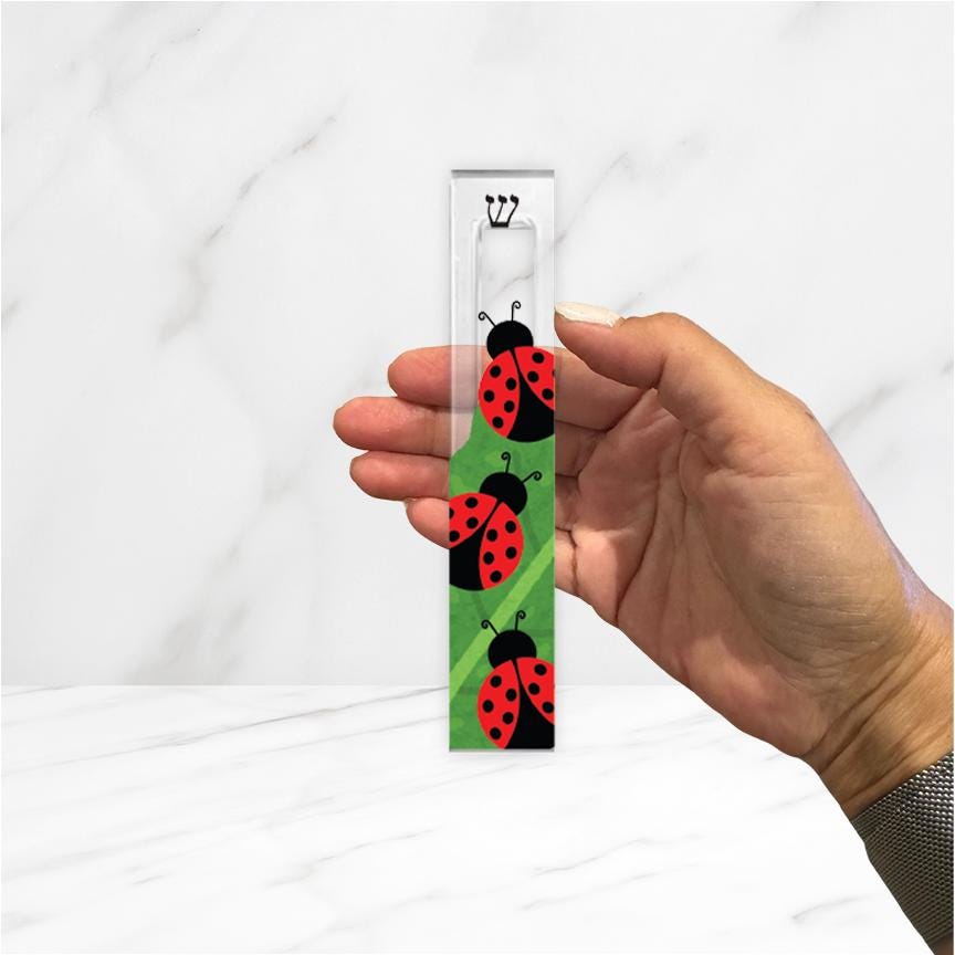 Ladybug Mezuzah - Acrylic Mezuzah - Modern Mezuzah - Personalized Judaica Gift - New Baby Gift - New Home Gift - Ladybugs on leaf