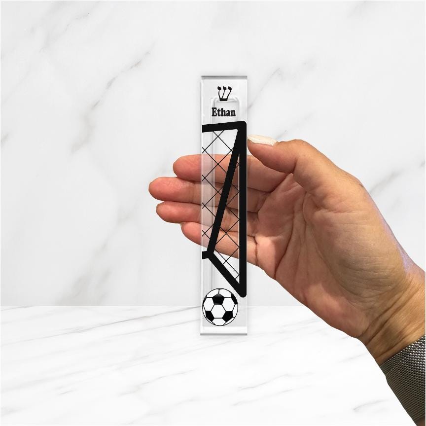 Personalized Soccer Mezuzah - Boys Room - Acrylic Mezuzah - Modern Mezuzah - Teen Mezuzah - Soccer Player Mezuzah