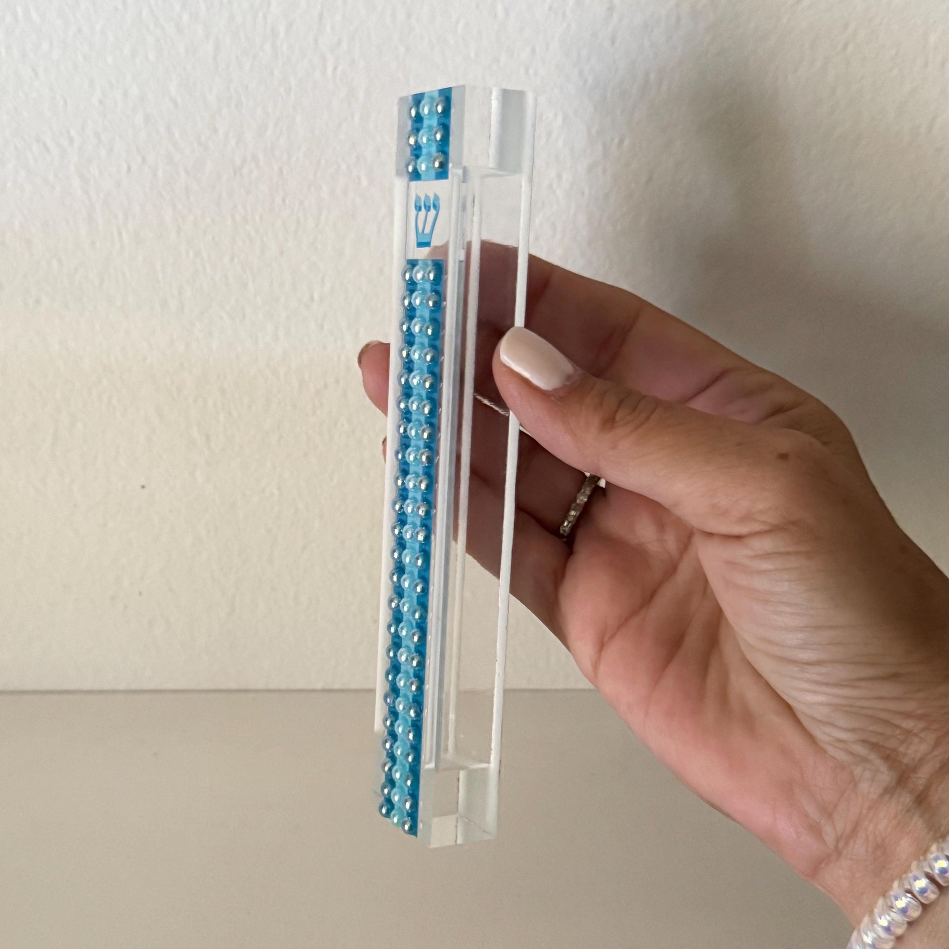 Mezuzah - Blue Pearl Stripe Mezuzah - Embellished Acrylic Mezuzah with colored pearls - Judaica Gift - Beaded Mezuzah