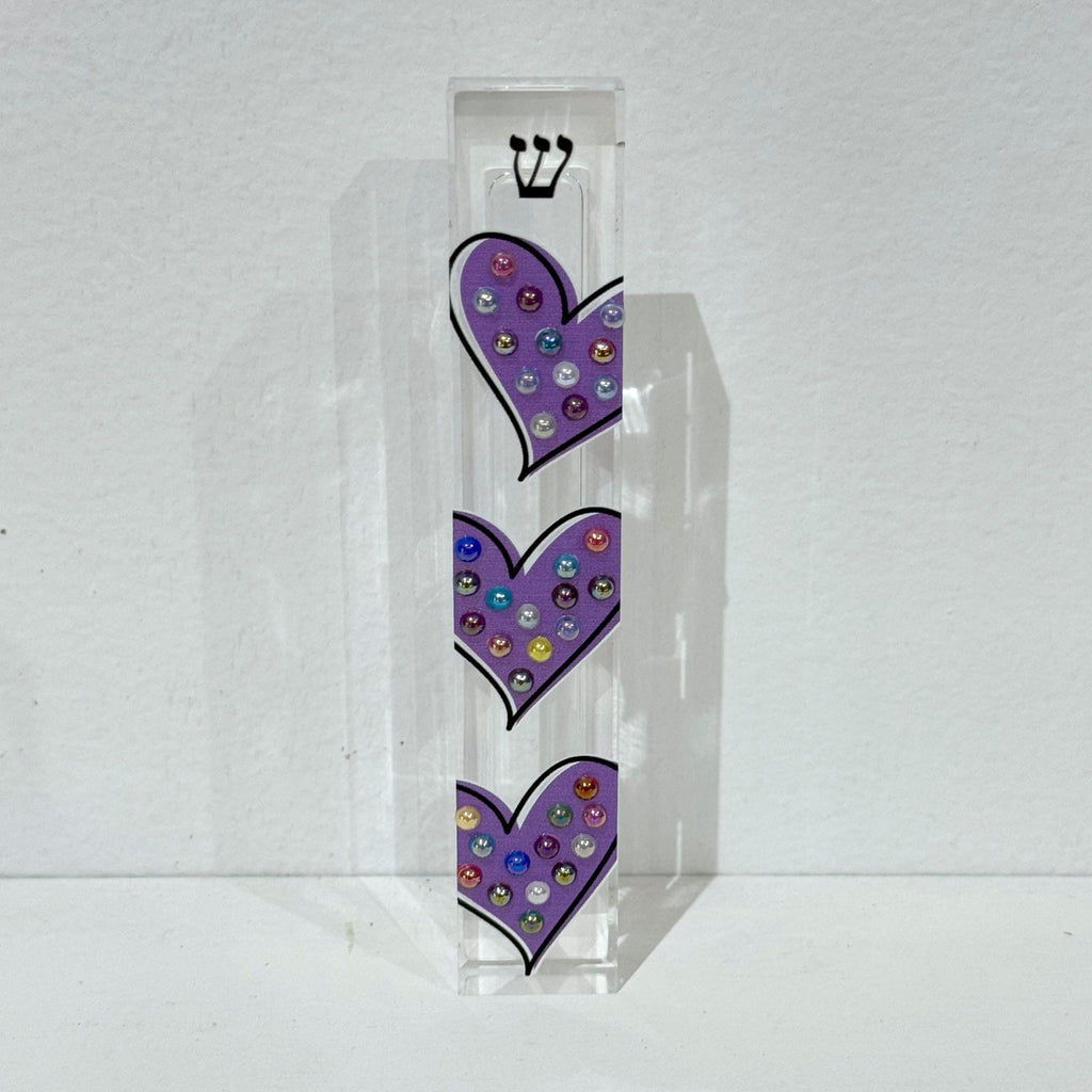 Mezuzah - Purple Hearts Mezuzah - Embellished Acrylic Mezuzah with colored pearls - Judaica Gift - Beaded Mezuzah - Girl Room Mezuzah