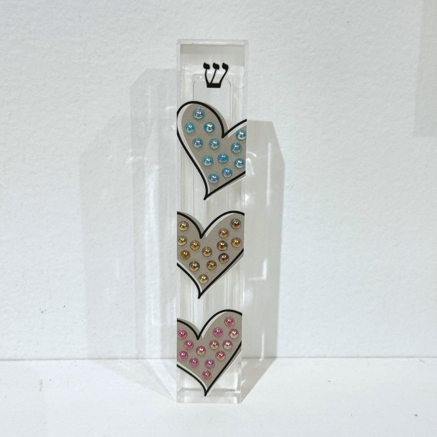 Mezuzah - Hearts Mezuzah - Embellished Acrylic Mezuzah with colored pearls - Judaica Gift - Beaded Mezuzah - Girl Room Mezuzah