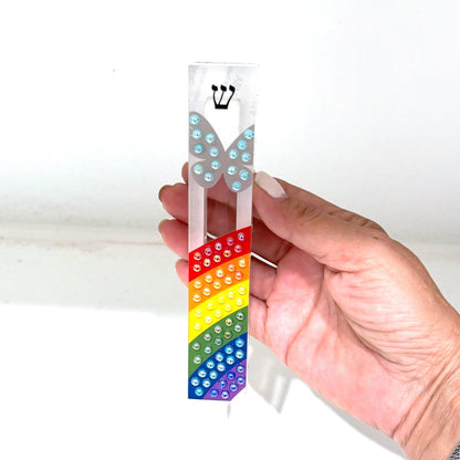 Mezuzah - Rainbow and Butterfly Mezuzah - Embellished Acrylic Mezuzah with colored pearls - Judaica Gift - Beaded Mezuzah