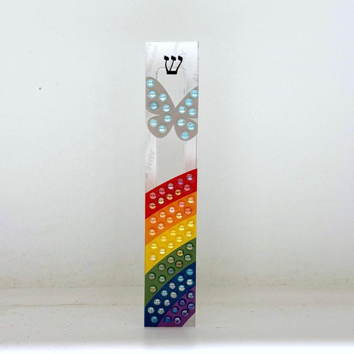 Mezuzah - Rainbow and Butterfly Mezuzah - Embellished Acrylic Mezuzah with colored pearls - Judaica Gift - Beaded Mezuzah