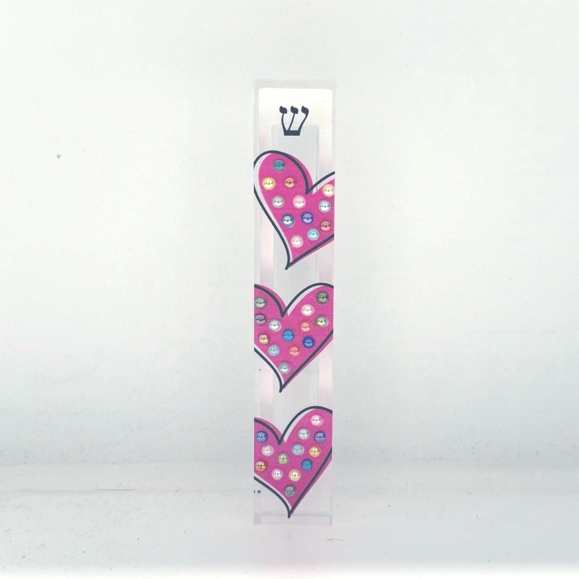 Mezuzah - Pink Hearts Mezuzah - Embellished Acrylic Mezuzah with colored pearls - Judaica Gift - Beaded Mezuzah - Girl Room Mezuzah
