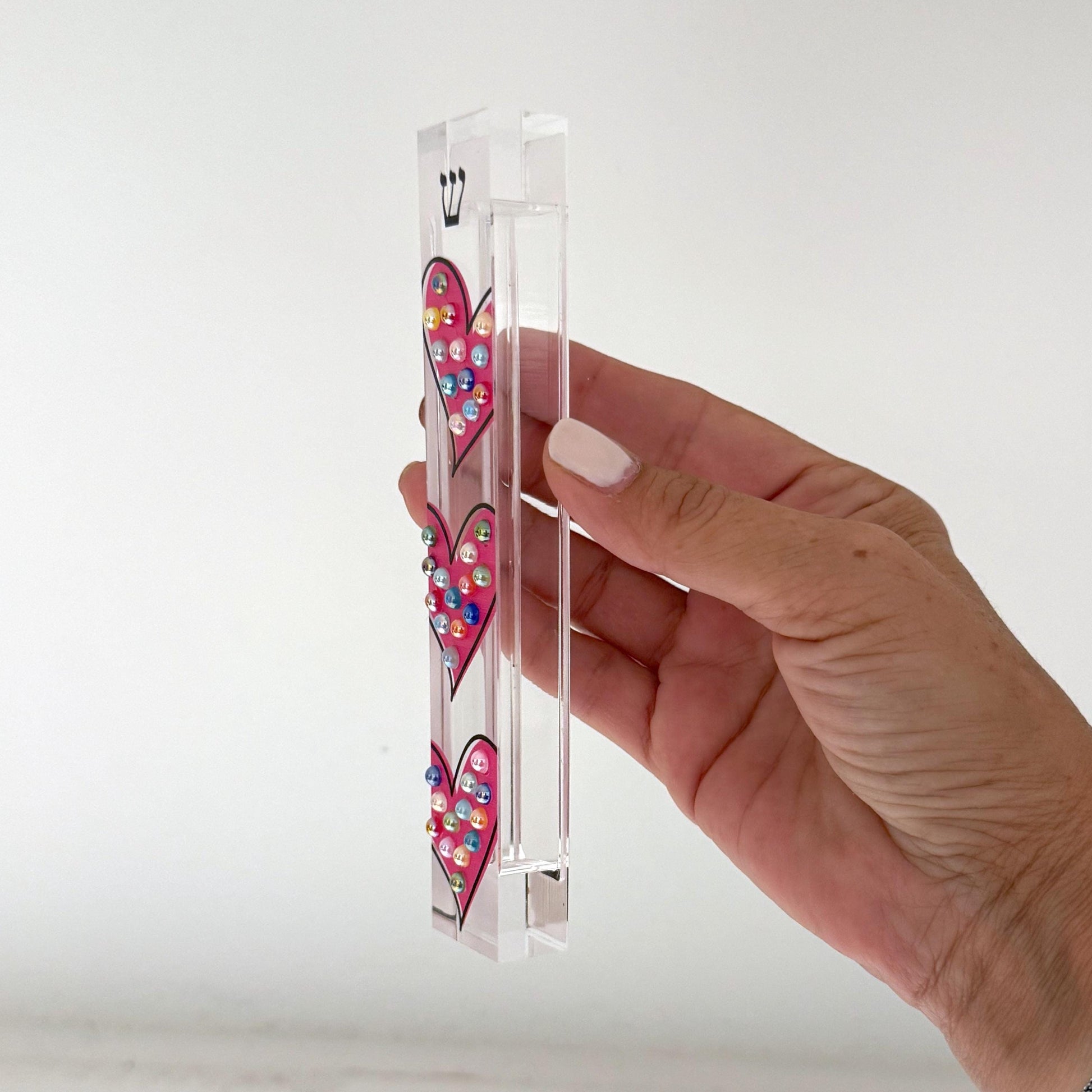 Mezuzah - Pink Hearts Mezuzah - Embellished Acrylic Mezuzah with colored pearls - Judaica Gift - Beaded Mezuzah - Girl Room Mezuzah