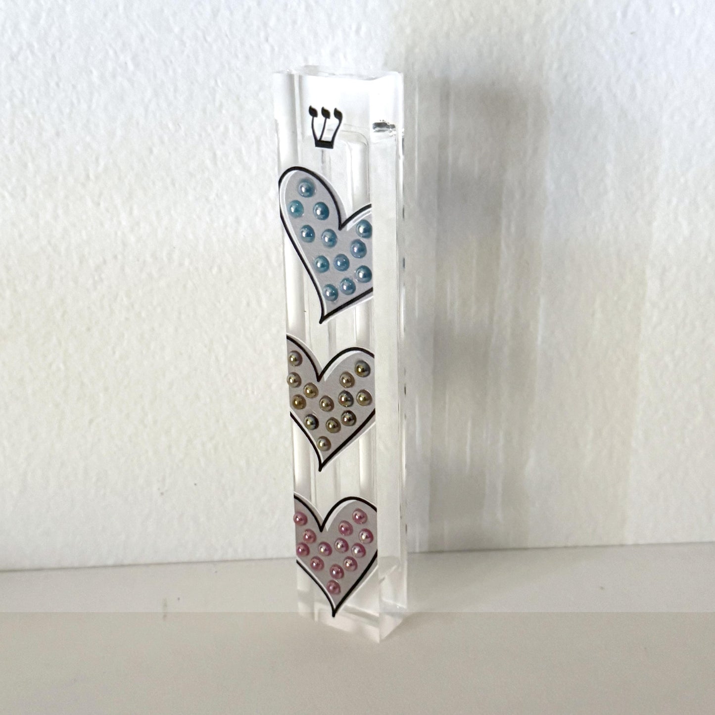Mezuzah - Hearts Mezuzah - Embellished Acrylic Mezuzah with colored pearls - Judaica Gift - Beaded Mezuzah - Girl Room Mezuzah