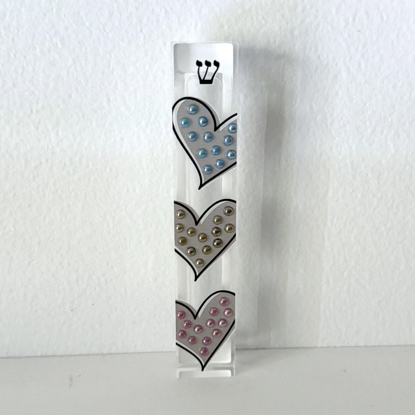 Mezuzah - Hearts Mezuzah - Embellished Acrylic Mezuzah with colored pearls - Judaica Gift - Beaded Mezuzah - Girl Room Mezuzah