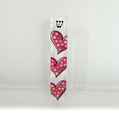 Mezuzah - Pink Hearts Mezuzah - Embellished Acrylic Mezuzah with colored pearls - Judaica Gift - Beaded Mezuzah - Girl Room Mezuzah