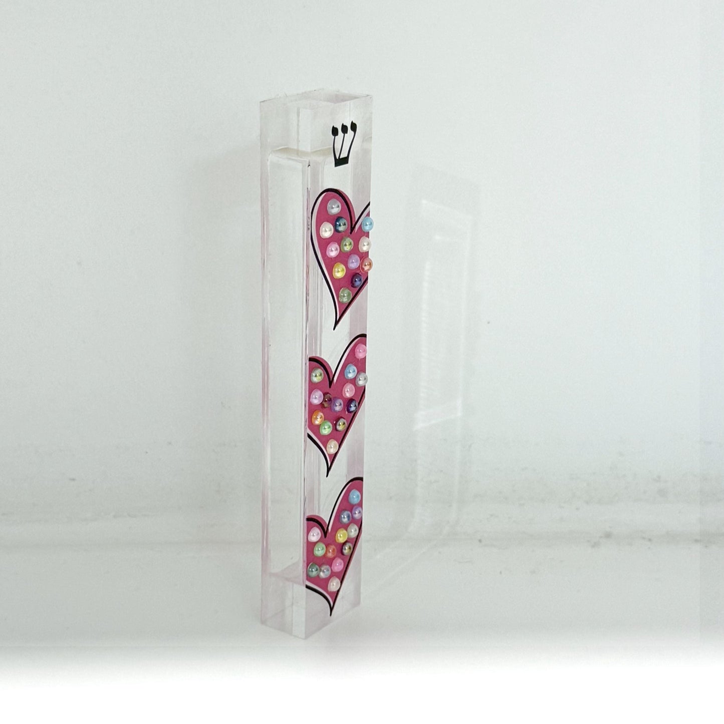 Mezuzah - Pink Hearts Mezuzah - Embellished Acrylic Mezuzah with colored pearls - Judaica Gift - Beaded Mezuzah - Girl Room Mezuzah