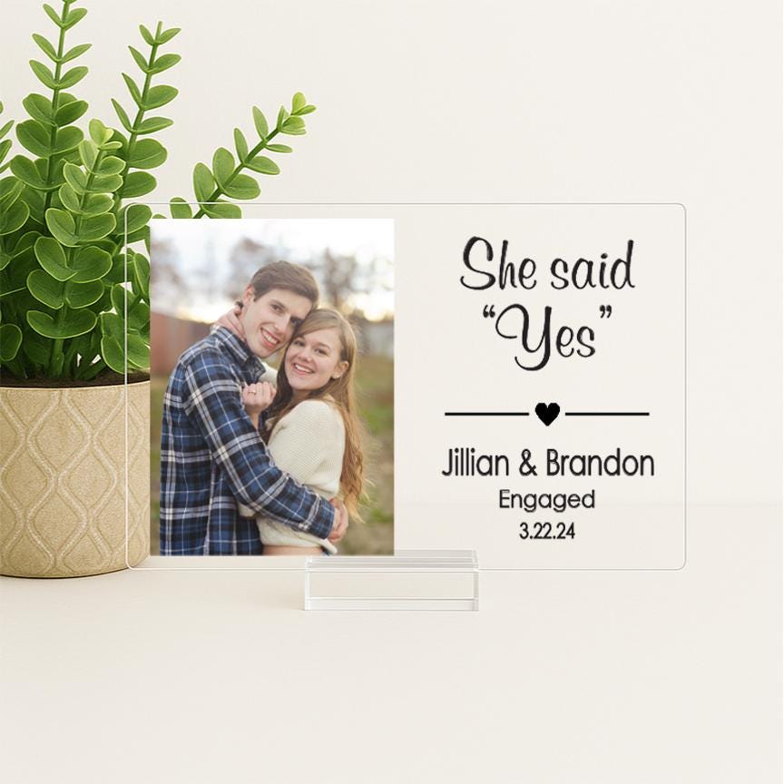 Engagement Acrylic Photo Frame – She Said Yes Gift – Personalized Engagement Gift for Couple – Custom Proposal Keepsake