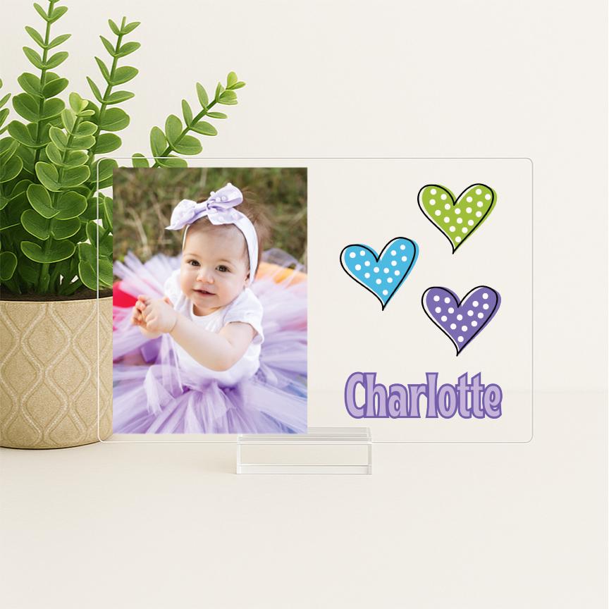 Personalized Baby Photo Frame with Dotted Hearts – Custom Acrylic Picture Name Sign for Nursery or Birthday Gift, New Baby Girl